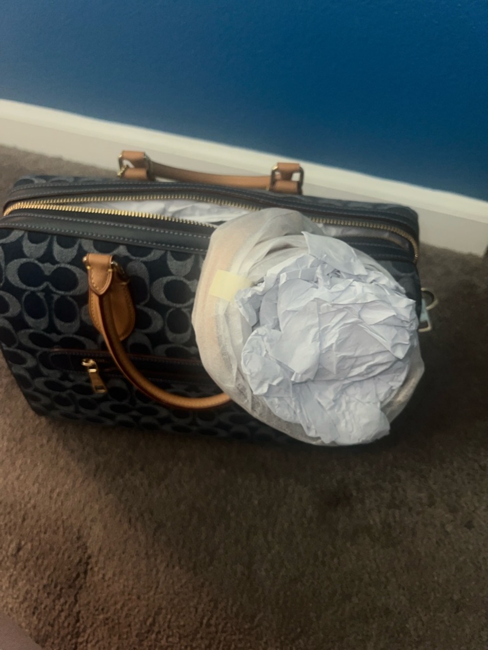 Coach Rowan Navy Signature Denim Satchel with Tan Trim and Cherry Charm - Picture 4 of 4